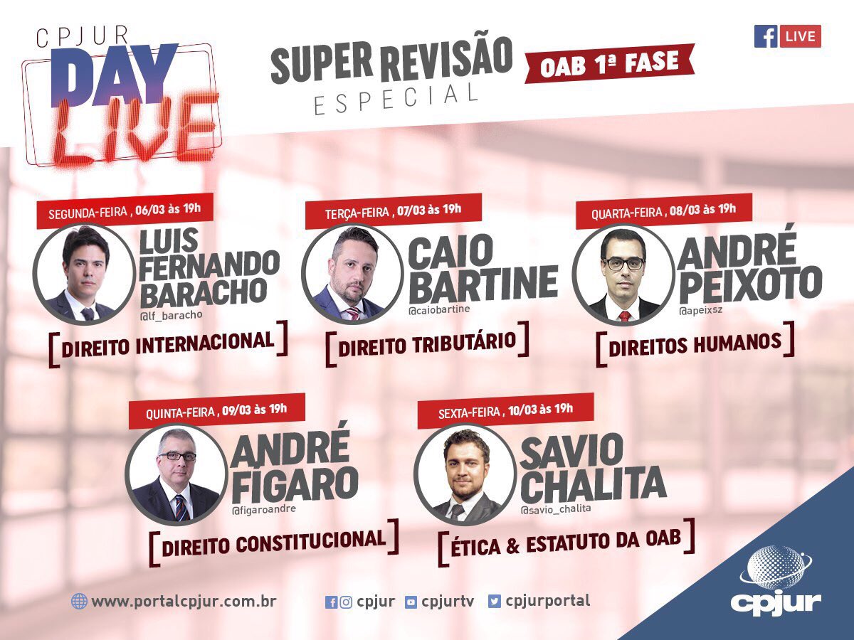 cpjur's tweet photo. Não perca. Na próxima semana, CPJUR DAY LIVE - para a prova da OAB. https://t.co/SET5OoSlVO