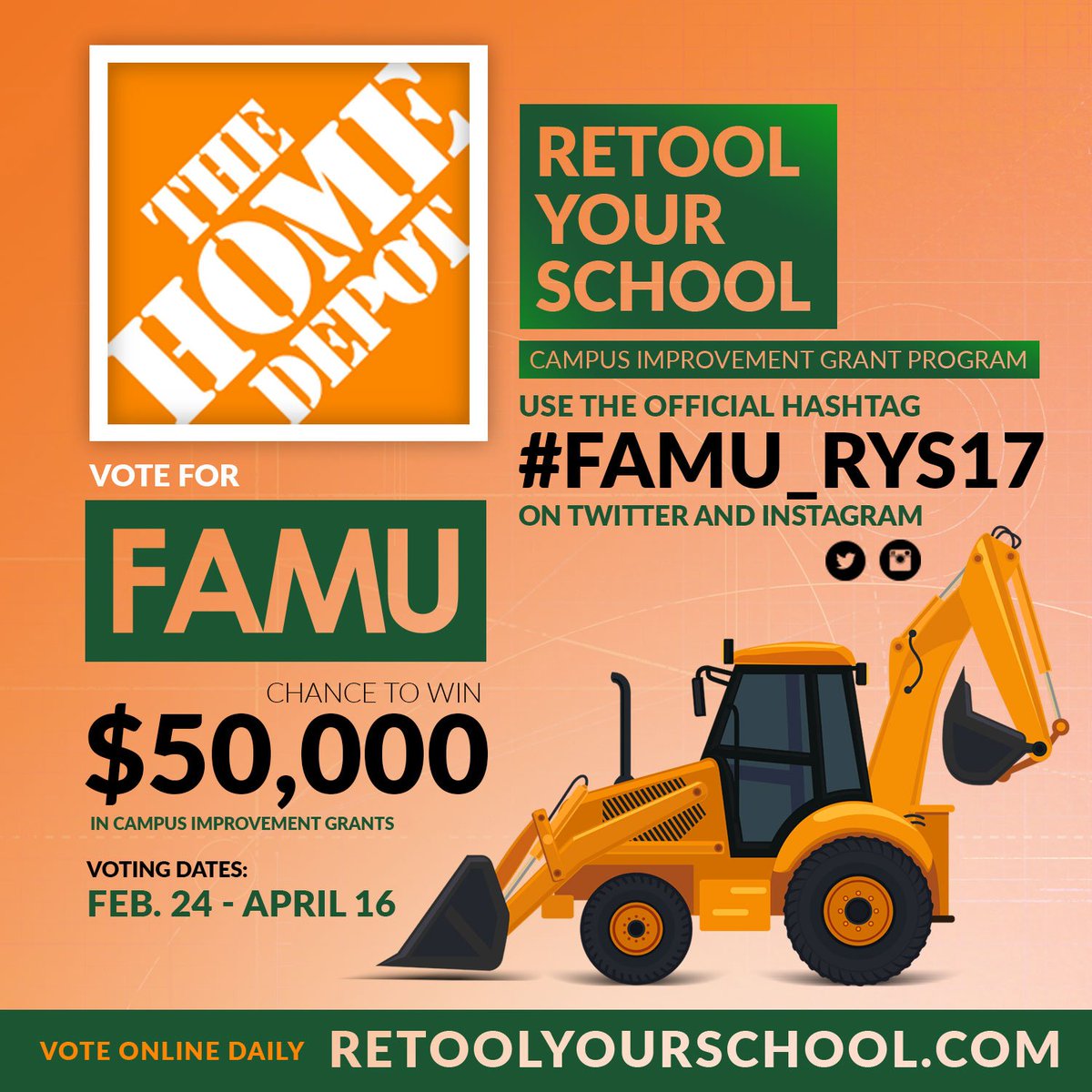 Help FAMU win up to $50K from <a href="/HomeDepotRetool/">Retool Your School</a>. #Retweet #Post #Share >>>>>> #FAMU_RYS17