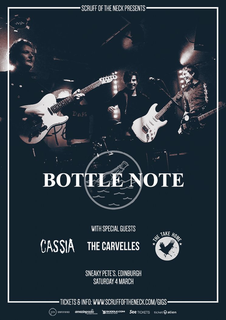 #EDINBURGH TOMORROW: SAT 04 MAR at <a href="/sneakypetesclub/">Sneaky Pete's</a>
<a href="/bottlenote1/">Bottle Note</a>
<a href="/wearecassia/">Cassia</a>
<a href="/thecarvelles/">The Carvelles</a>
<a href="/thetakehome/">The Take Home</a>
#SOTNGigs