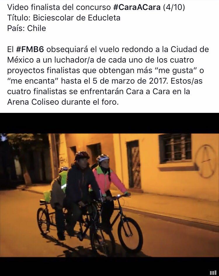 WorldBikeForum's tweet photo. "Biciescolar de Educleta", #VideoFinalista convocatoria #CaraACara #FMB6, País: Chile, vota en https://t.co/zasmYKGhIL https://t.co/SWNQiK3vG4