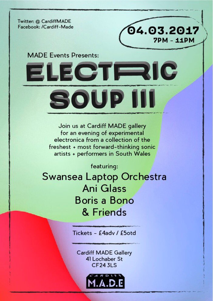 Ani_Glass's tweet photo. Gig fory/tomorrow @CardiffMADE 
🎛🔧 Electric Soup III 📡🎹
Swansea Laptop Orchestra @MusicByFriends @BorisaBono
https://t.co/K3eB7lWL2J https://t.co/ym2uSo236j