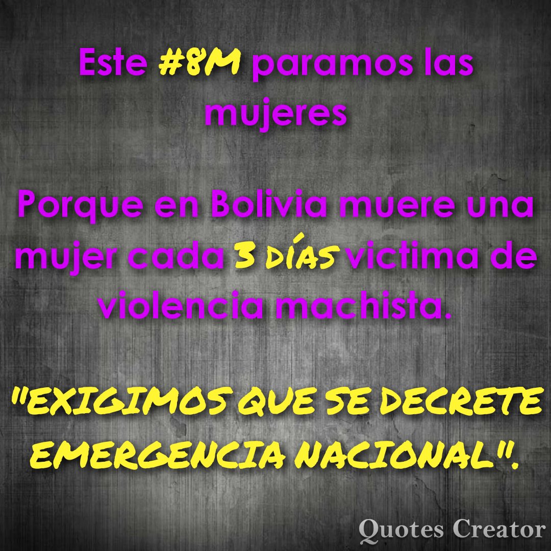 Este #8M las mujeres de Bolivia paramos, y tú ¿te unes?
#WomensStrike
<a href="/unitelbolivia/">Unitel Bolivia</a> @susitabejarano @Diario_ElDia <a href="/EliSalguero_C/">Elizabeth Salguero</a> <a href="/cambio_bo/">cambio_bo</a>