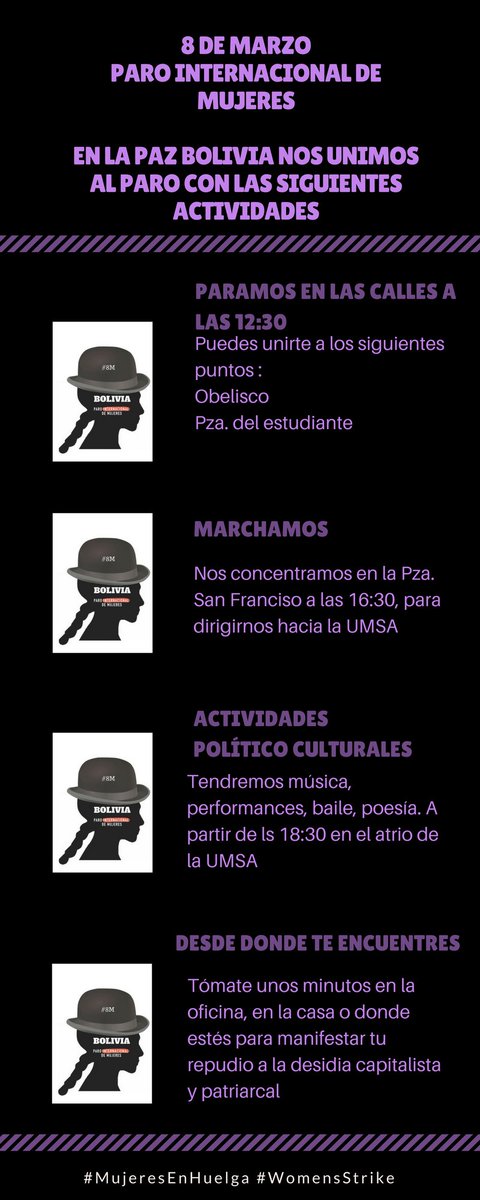 Este #8M las mujeres de Bolivia paramos, y tú, ¿te unes?
#WomensStrike
@PatriaNuevaBo <a href="/RevJigote/">Revolución Jigote</a> <a href="/ComVoMujer/">Libre de Violencia</a> <a href="/miss_bolivia/">Miss Bolivia Prensa 💪🏾</a> <a href="/CoordinadoraBO/">Coordinadora BO</a>