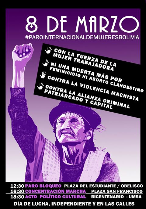 Este #8M las mujeres de Bolivia paramos, y tú, ¿te unes?
#WomensStrike
<a href="/andrearamirezl/">Andrea_R</a> <a href="/feminicidio/">Feminicidio·net</a> <a href="/LaPublicaBO/">La Pública BO</a> <a href="/LaRazon_Bolivia/">La Razón Digital</a>