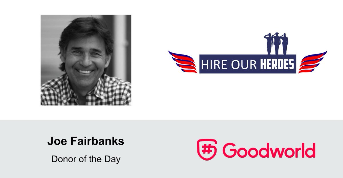 Goodworldme's tweet photo. Congrats to #DonoroftheDay @jcfairbanks14! Your contribution to @HiredHero provides veterans with the necessary tools to find great jobs. https://t.co/pXDF8XXIU4