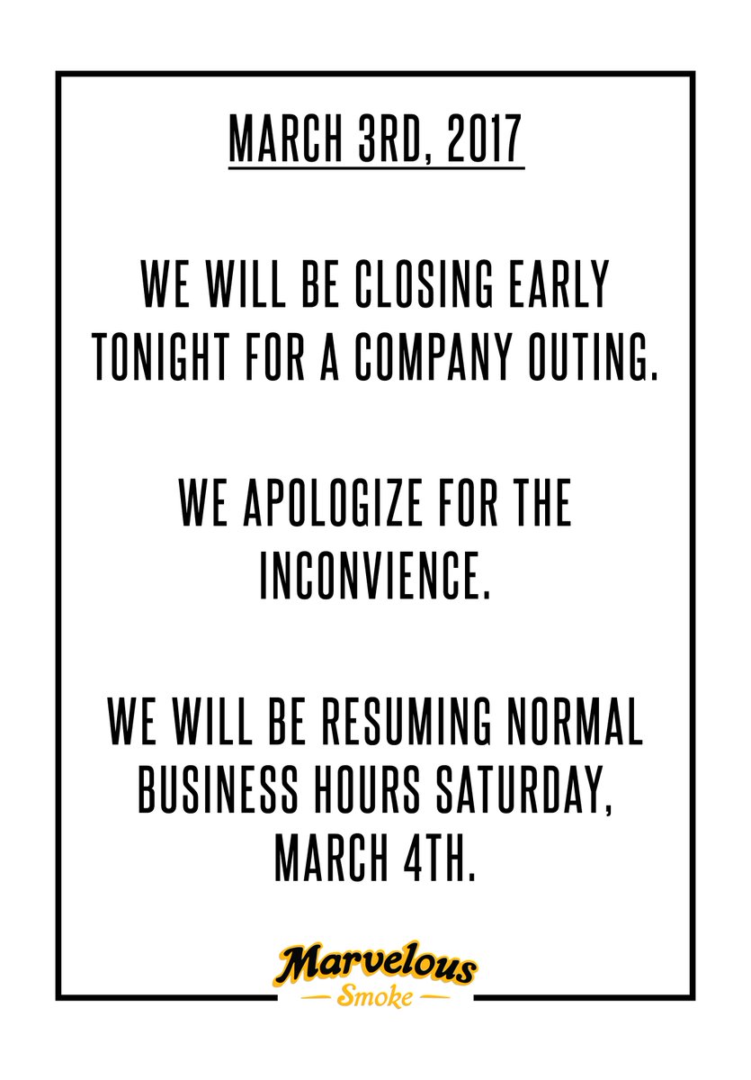 marveloussmoke's tweet photo. FYI — we're closing early today to take our team on a company outing! Thanks for your time and have a wonderful Friday! https://t.co/dltRlPgLVY