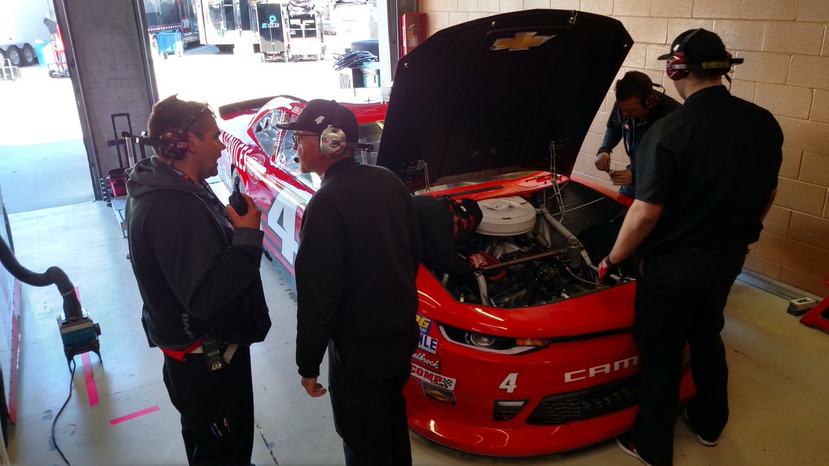 The No. 4 @GKServices Chevy of <a href="/RossChastain/">Ross Chastain</a> back in the garage while the team makes adjustments. #NASCAR