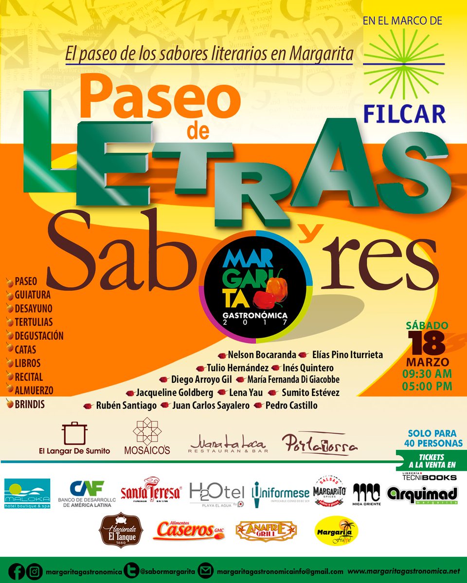 Imperdible este 2do PASEO DE LETRAS Y SABORES que reune a <a href="/eliaspino/">Elías Pino Iturrieta</a> <a href="/LenaYau/">Lena Yau</a> <a href="/nelsonbocaranda/">Nelson Bocaranda Sardi.</a> <a href="/sumitoestevez/">Sumito Estevez</a> <a href="/JacGoldberg/">Jacqueline Goldberg</a> <a href="/inesquinterom/">Ines Quintero</a>