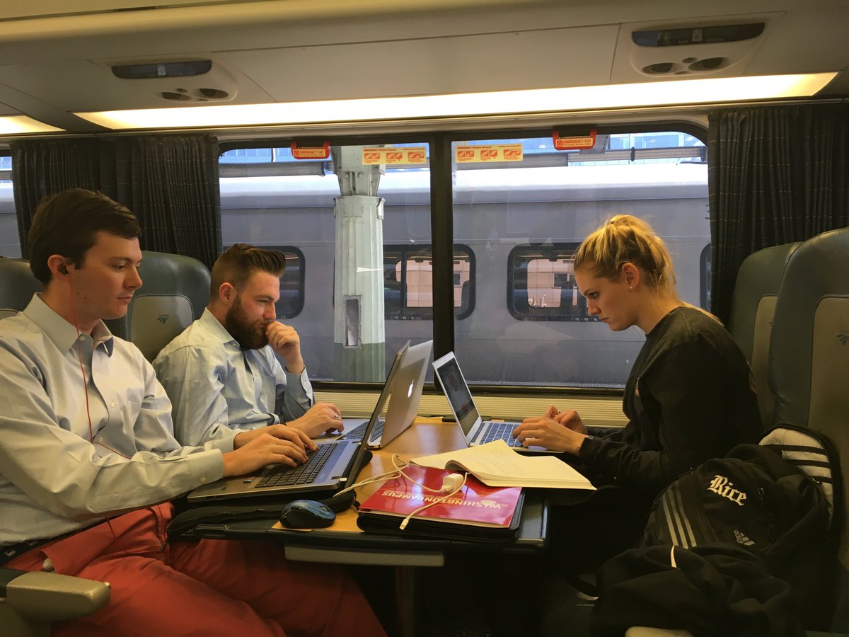 RiceMAcc's tweet photo. Non-strangers on a train. MAcc students taking the Acela Express to Norwalk, CT. https://t.co/YBOzYdlBRs