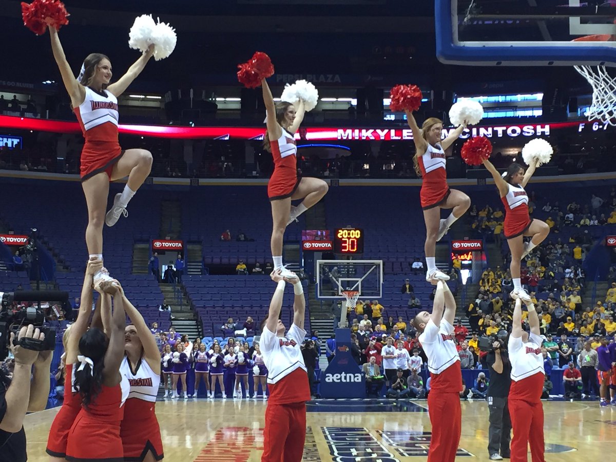ISUCheerleading's tweet photo. Great win today! Birds play tomorrow at 2:35! @Redbird_MBB #backthebirds #archmadness https://t.co/FV925xCZuA