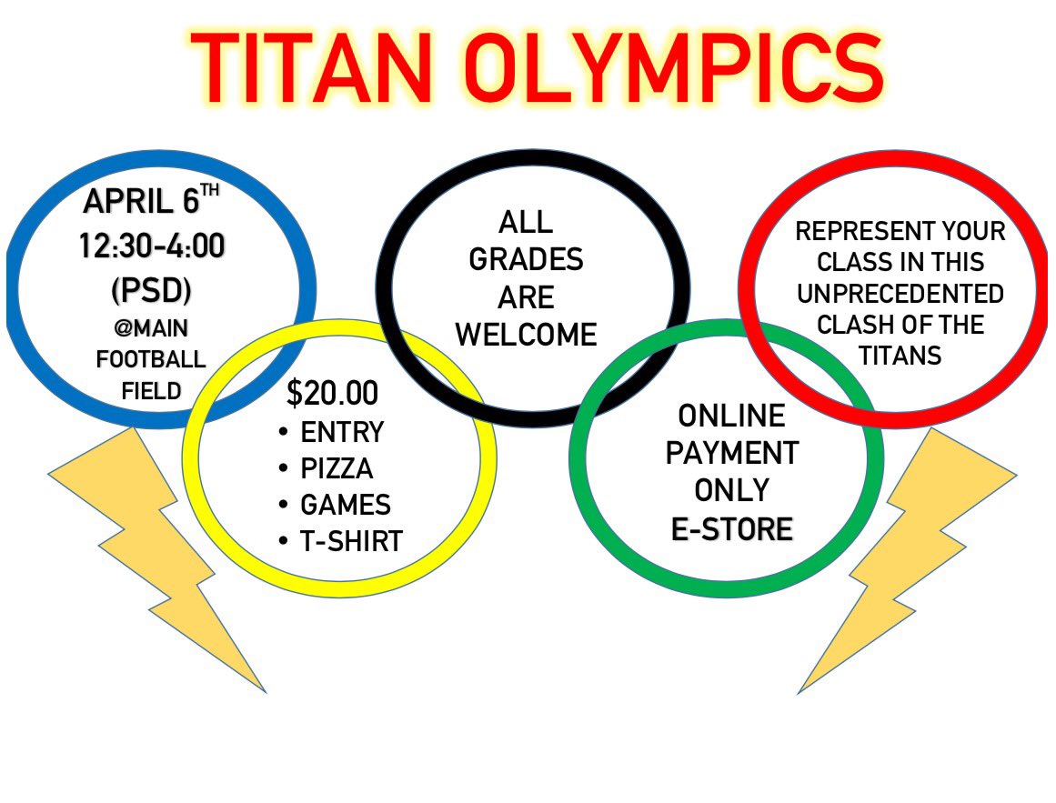 Nova17Seniors's tweet photo. Senior class is sponsoring Nova High's very first Titan Olympics! Link to purchase a ticket goes on the E-Store on March 15th. ⚡️💪🏽🏅🏆 https://t.co/uzB0J2PVNk