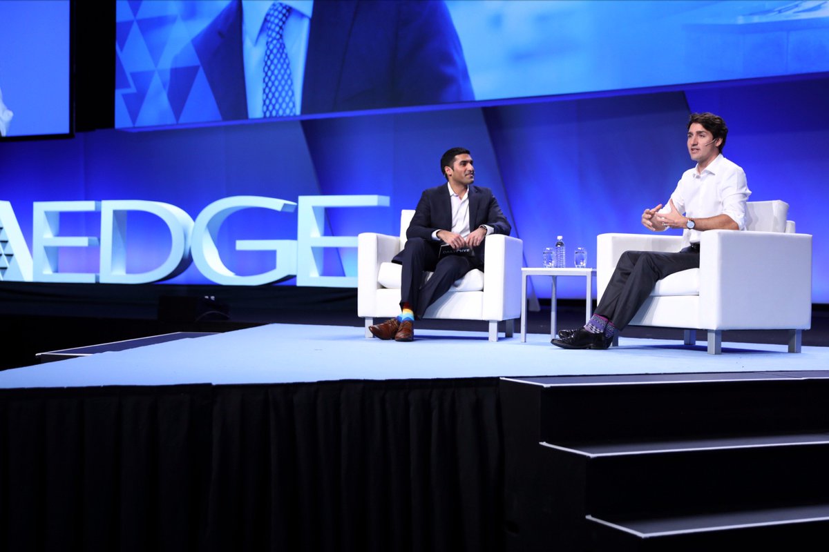JustinTrudeau's tweet photo. Discussing leadership &amp; innovation in Canada with @farhanmohamed at the #YPOEdge conference this afternoon. Thanks for having me. https://t.co/9o8wHgnMsv