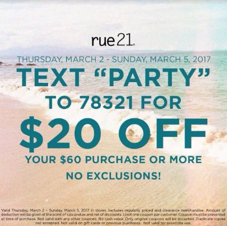 ApacheMall's tweet photo. Text “PARTY” to 78321 for $20 off your $60 purchase or more. Now - March 5th @rue21. See store for details. https://t.co/igqDdHV5Ka