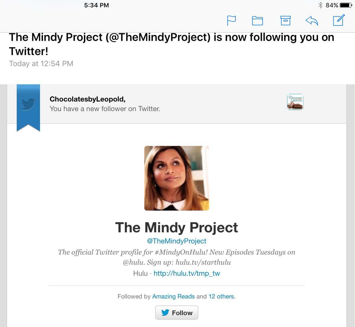 ChocolatesbyLeo's tweet photo. Hello to our newest follower! If you ever need any chocolates on set hit us up! 🍫💋(We really love your show btw.) @TheMindyProject https://t.co/SKiD5XqU0e