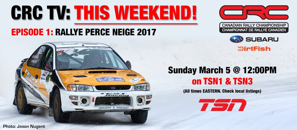 TV coverage of <a href="/PerceNeigeRally/">Rallye Perce Neige</a> kicks off this weekend on <a href="/TSN_Sports/">TSN</a> - Sunday / 12pm EST / TSN1&amp;3. All the <a href="/CRCrally/">CRC Rally</a> and <a href="/ARA_Rally/">ARA Rally</a> action!