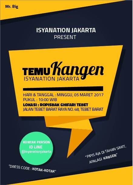 IsyanationJKT's tweet photo. yuhuu! kabar baik buat kalian yg udah kangen sama mimin =D
besok #IsJak akan temu kangen looh, check flyer yah untuk lebih lanjut. seeyou!😘 https://t.co/gblZl5H4YB