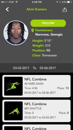 MyCombinePro's tweet photo. Alvin Kamara has HOPS! 39.5 Verticle 
131 Broad Jump
#nflcombine #mycombineprofile
Download the "My Combine Profile" App and see...... https://t.co/yvY1mvj3Na