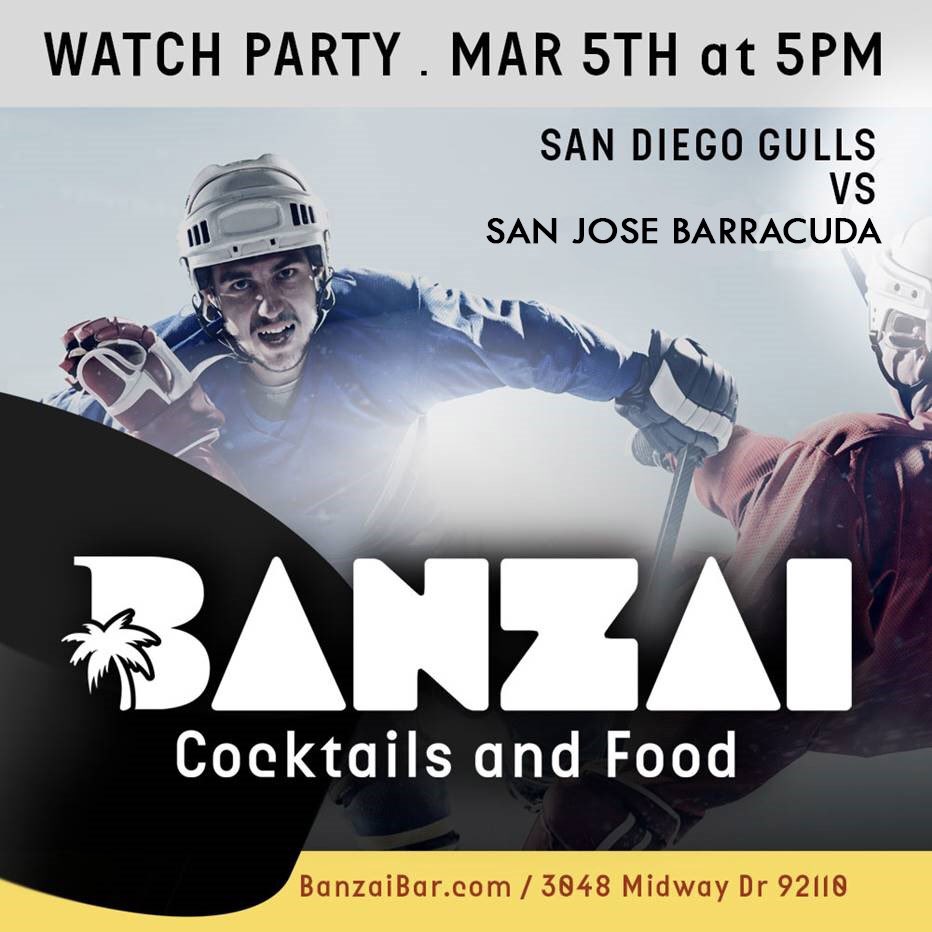 SDGullsAHL's tweet photo. Gulls head to San Jose this Sunday for a 1 vs. 2 Pacific division showdown! Catch the action at #BanzaiBar for food and drink specials! https://t.co/aY29IOmG89