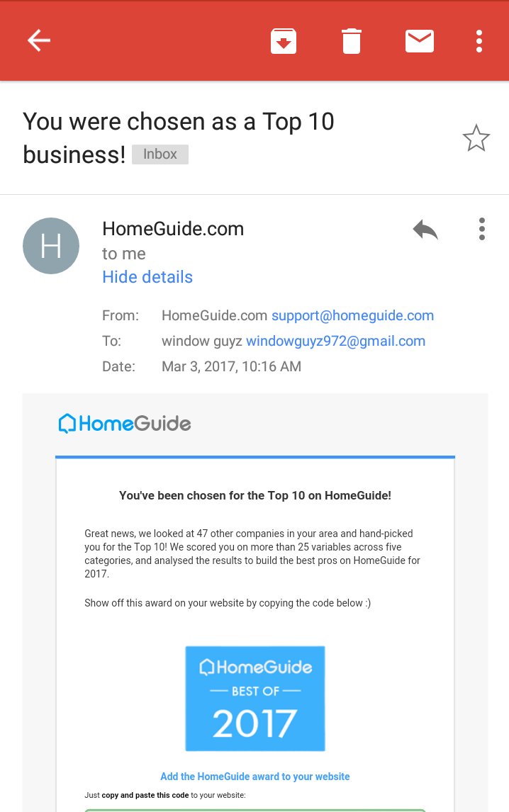 WindowGuyzUSA's tweet photo. .@HomeGuidePros names #WindowGuyz a Top 10 Business, Home Guide Best of 2017! 👍#Top10 https://t.co/dNwnKqZZqz