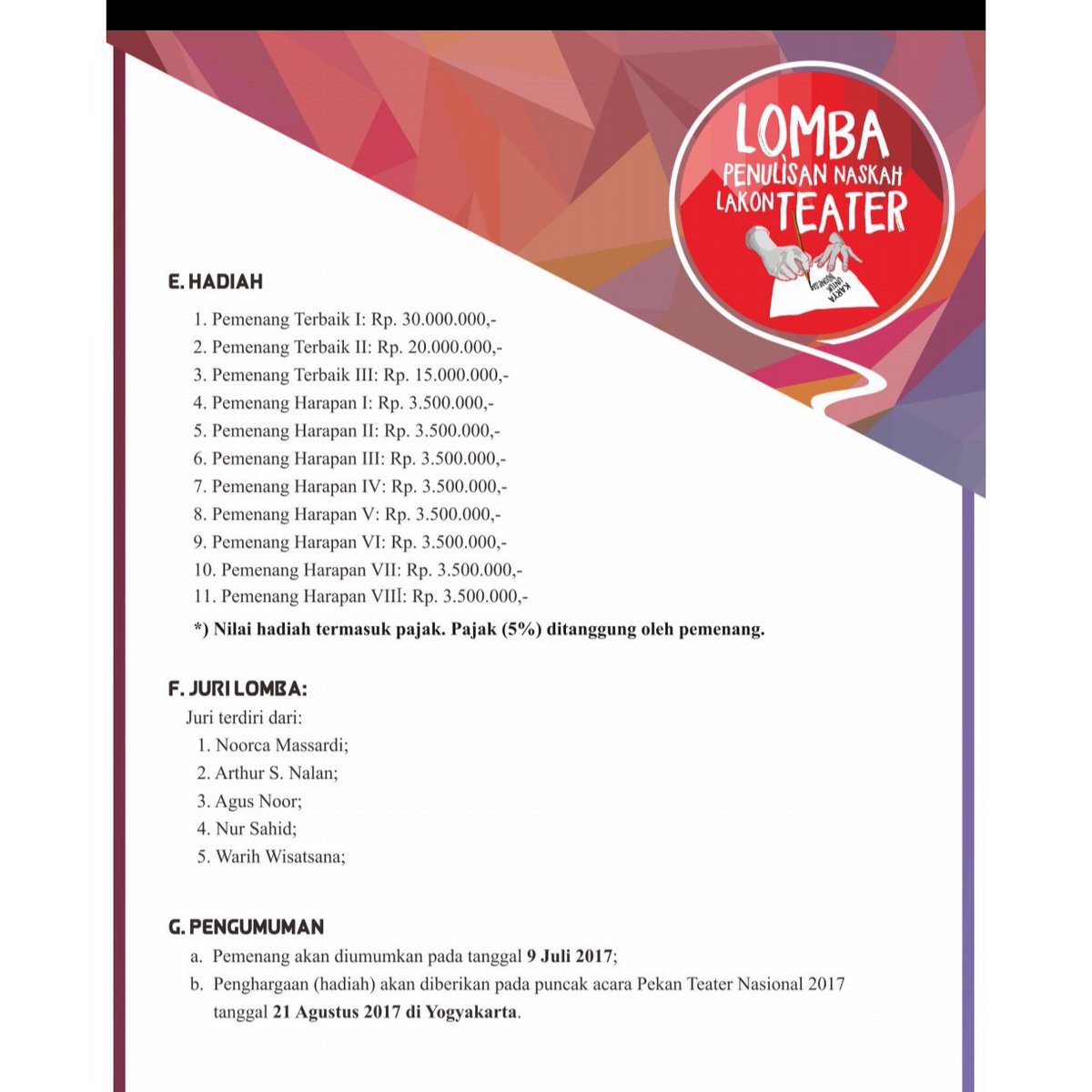 agus_noor's tweet photo. Lomba naskah. Hadiah I 30 jt, II 20 jt, III 15jt. Siapkan naskah terbaikmu. Ada kesrmpatan nulis sampai 3 bulan https://t.co/WpPYhyjIka