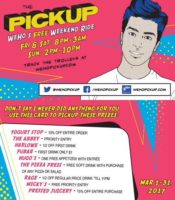 WeHoPickUp's tweet photo. Don’t forget to PICK UP <wink> my fabulous new #PerkCard when you climb onboard tonight! #WeHoPickUp #PickUpPerks https://t.co/H1y8GA2xoV