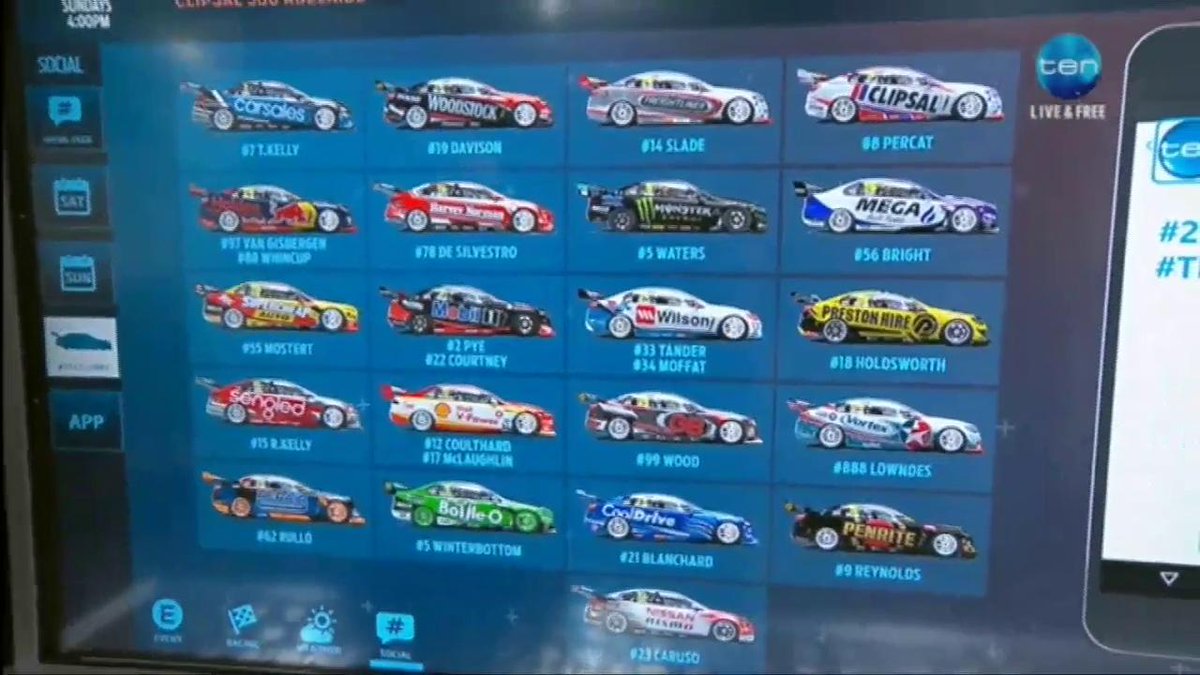 10SportAU's tweet photo. Keep your votes coming in for your favourite #2017Livery - we'll reveal the most popular on-air tomorrow 🚗 #Clipsal500 https://t.co/kVGq6wLa43