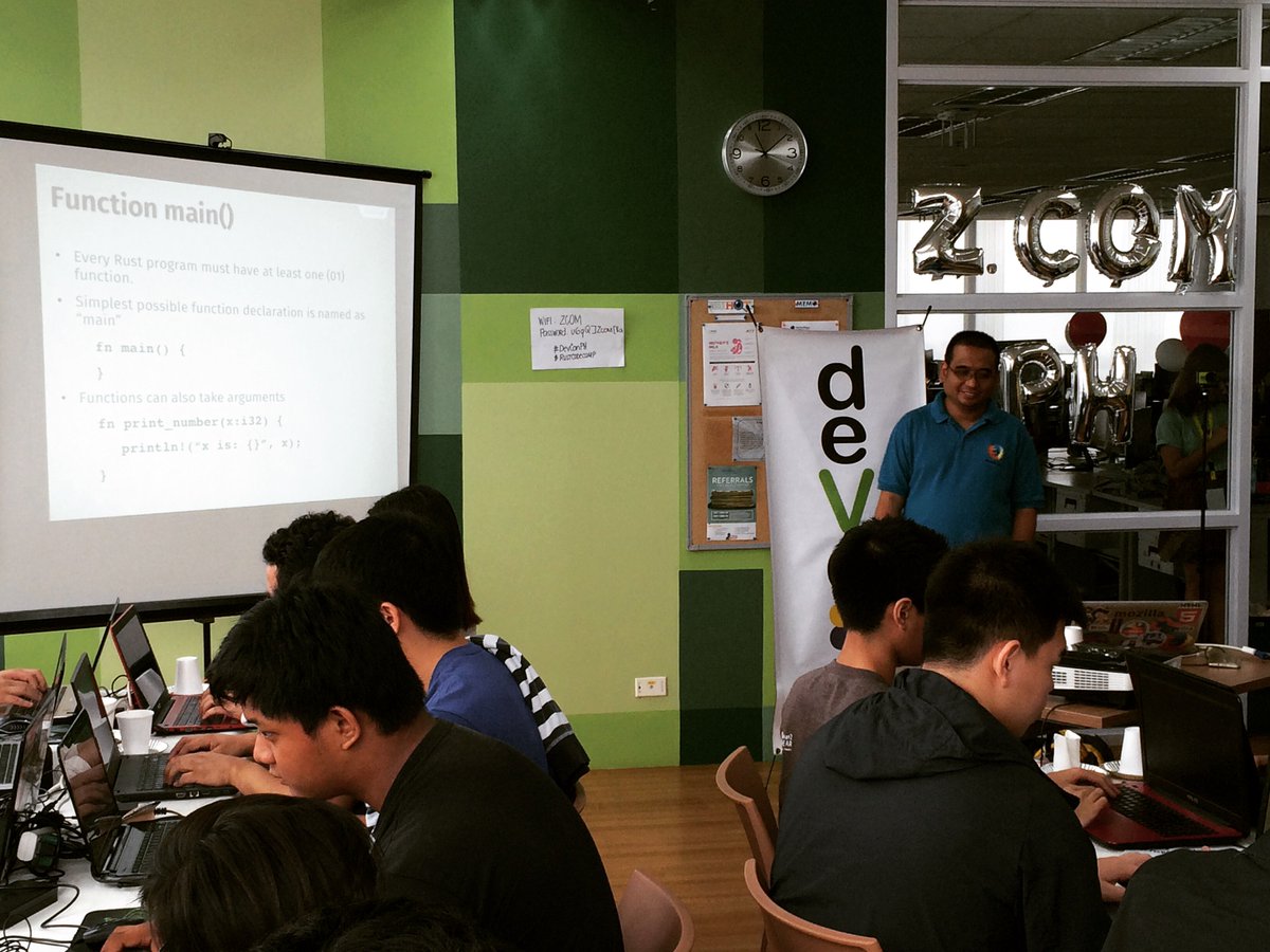DEVCONPH's tweet photo. Happening now: Bob Reyes, discuss the basics of Rust programming language #DevConPH #RustCodeCamp https://t.co/QVRvywpAOL