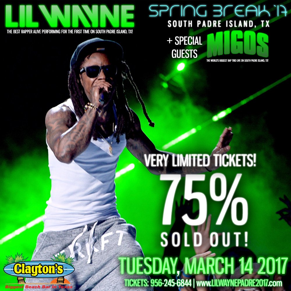 UnstoppableCo's tweet photo. @LilTunechi is ready for #SpringBreak17 on #TexasWeek! 🎉🌴

TICKETS: $90 GA // $135 VIP
📱 956-245-6844 | 💻 https://t.co/uADxosyCQy https://t.co/eds9S5B2Sp