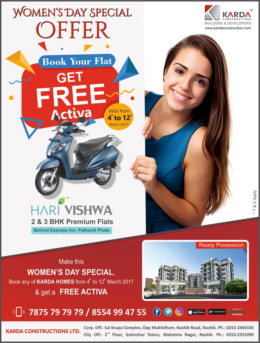 KardaNashik's tweet photo. # WOMENS DAY SPECIAL OFFER#
 ##BOOK ANY OF #KARDA CONSTRUCTION# HOMES FROM 4TH TO 12TH MARCH 2017 &amp; GET A FREE ACTIVA.... https://t.co/aJQ5QbmyYY