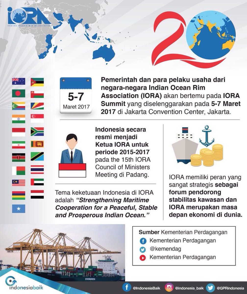 bkpm's tweet image. Pemerintah RI akan menjadi tuan rumah IORA Business Summit di JCC tanggal 6 Maret 2017 #IORA2017 @Kemendag