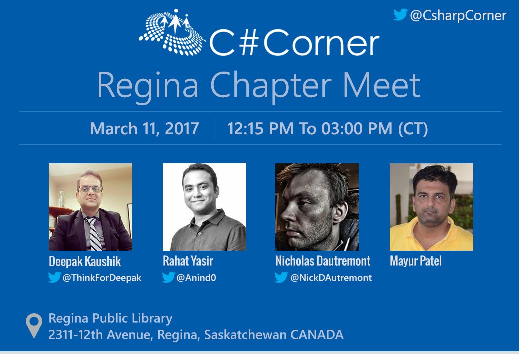 CsharpCorner's tweet photo. Join @CsharpCorner Regina, Canada Chapter Meet & Learn #AzureCloud Storage, #SQLServer & #ProgrammingEthics! https://t.co/ZDJNjZHOLU https://t.co/G7YQw8joCf
