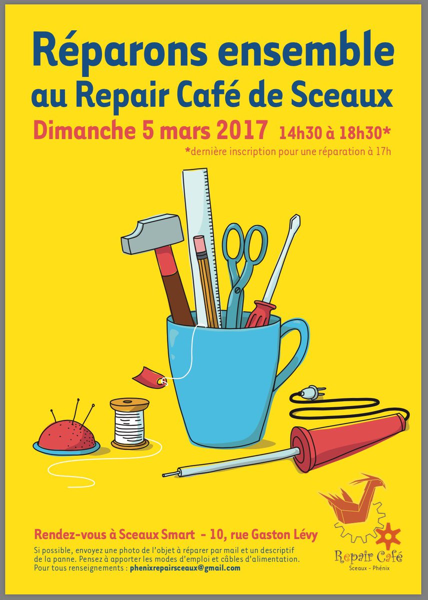 Scx_Flo's tweet photo. RDV dimanche chez @Sceauxsmart pour le 1er #RepairCafé de @Ville_de_Sceaux
Une initiative citoyenne lancée par le #CL3d & la Ville https://t.co/GqrEFSjWdH