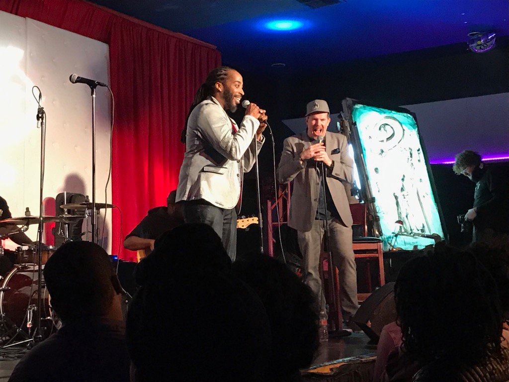 DanPovenmire's tweet photo. I gotta say, live poetry is quickly becoming my favorite form of entertainment! #FlyPoet @sekouandrews https://t.co/KyWHZnsmJd
