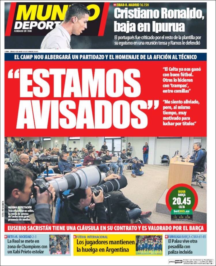 CanBenet's tweet photo. PortadesEsportives #canbenet 
#dobleobjectiu #avisados #medialiga #laliga #fcbarcelona #celta #eibar #realmadrid #torres #aletico #garrotxa https://t.co/TeGmyMWn5y