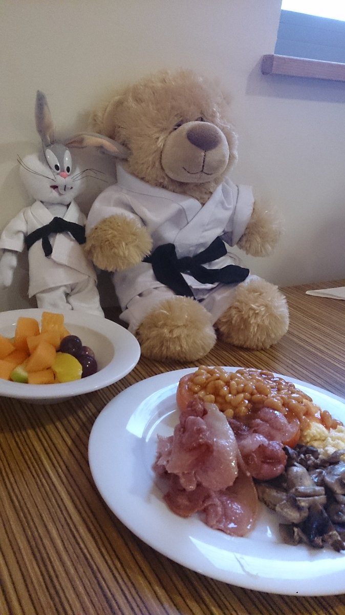 Kelziebub's tweet photo. Shoto &amp; Mr Kan having a balanced breakfast to get them through the day. @legend_open is here 
#SKDUN #shotokan #karate #legendopen https://t.co/I2n8vT4O4Q