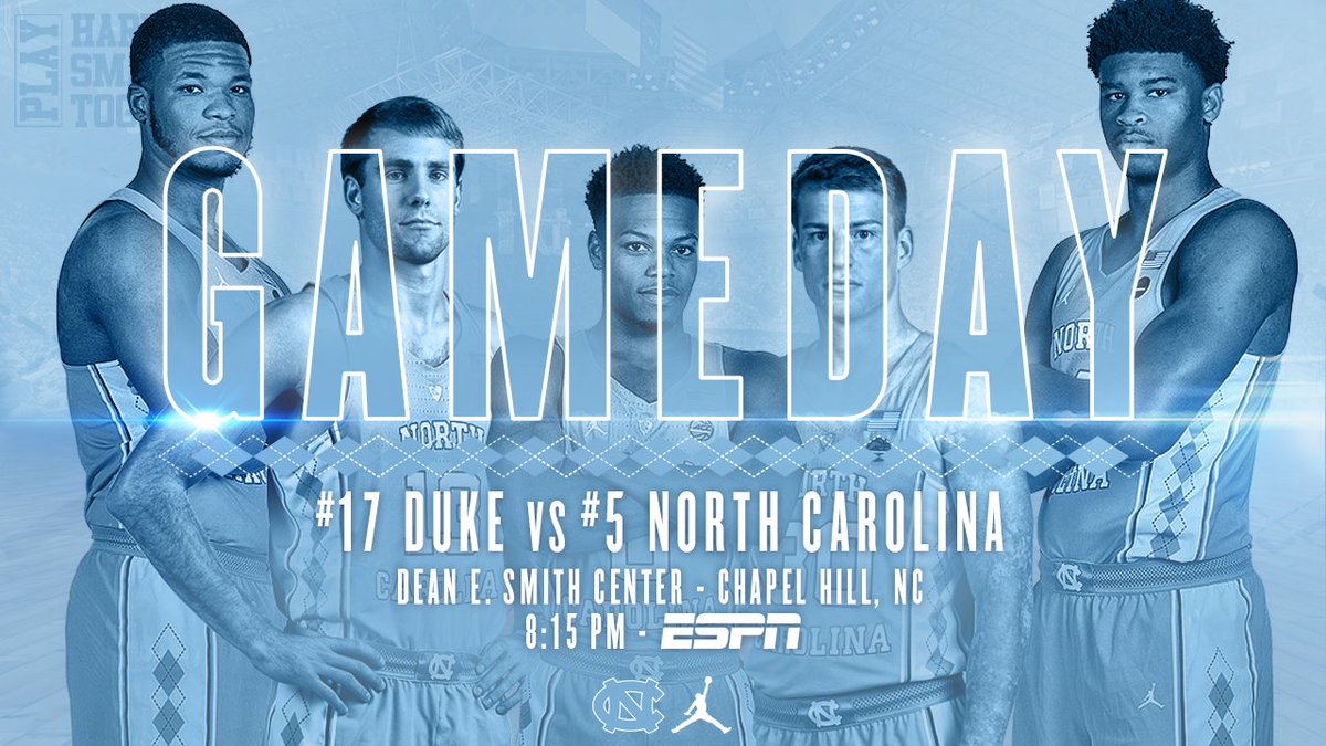 UNC_Basketball's tweet photo. GAMEDAY vs Duke!

📍: Chapel Hill, NC
🕚: 11:00 AM ET - GameDay
🕗: 8:15 PM ET - Tip
📺: ESPN/WatchESPN

#GoHeels #GetIntoIt #UNCBBall 🐏🏀 https://t.co/45zaGyRKvP