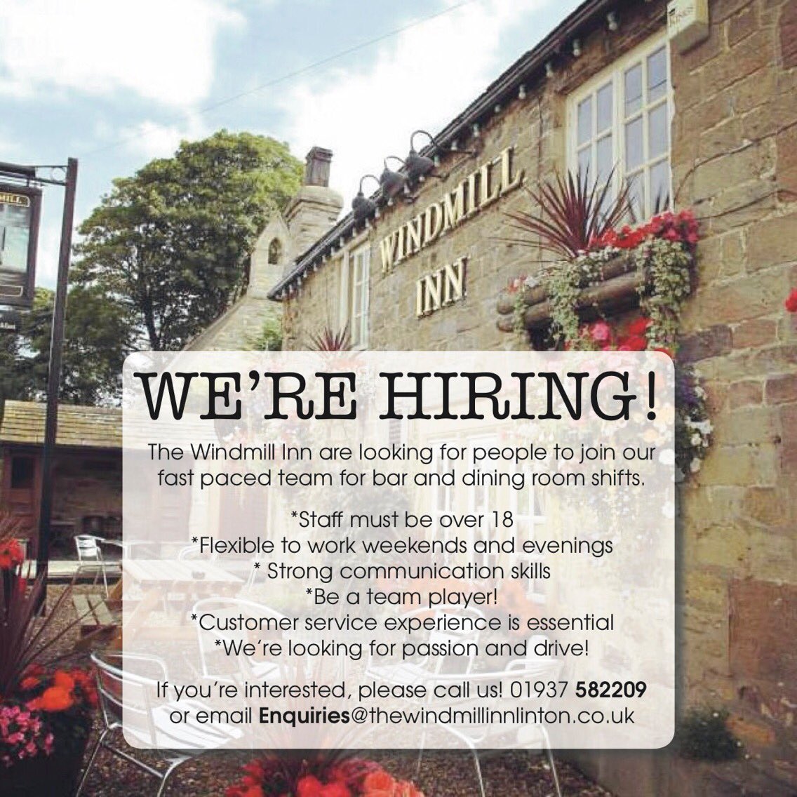 ThewindmillInn1's tweet photo. We are hiring! Spread the word! https://t.co/t4tXYI1uLT