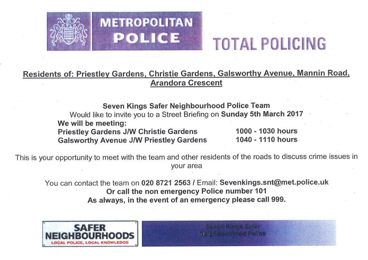 MPSRedbridge's tweet photo. #SevenKingsSNT are out leafleting ahead of tomorrow's Street Briefings #saferneighbourhoods #wardpromises #communityengagement #meettheteam https://t.co/MVlzg5aUfp