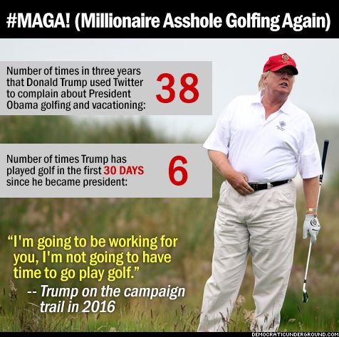 <a href="/realDonaldTrump/">Donald J. Trump</a> Are you really golfing again this weekend? #TrumpRussia #ThingsWeShouldInvestigate