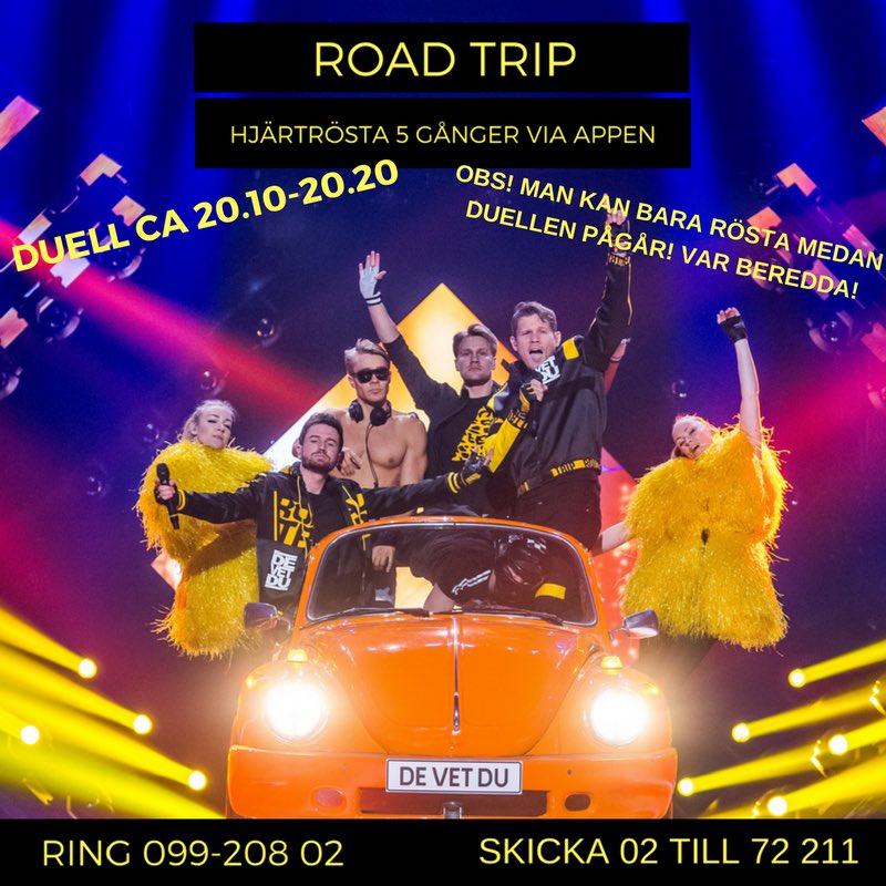 Retweeta om du kommer hjälpa till att ta De Vet Du till final ikväll! #RoadTrip #melfest