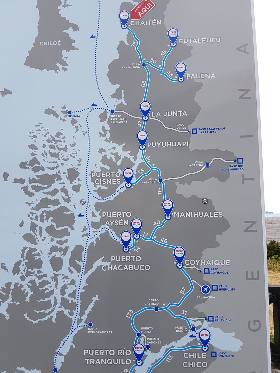 Suramericapunta's tweet photo. Feb 6: De Chaiten a Coyhaique. Zoom al mapa, ojo a La Junta. Luego de arreglar llanta y desayuno en Food-bus. Parsimonia equina. https://t.co/56qxwpiySV