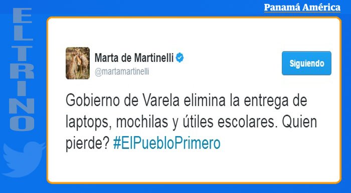 PanamaAmerica's tweet photo. #ElTrino Exprimera dama @martamartinelli se refiere a todo lo que ha eliminado este Gobierno. ¿Cree que el pueblo es primero? https://t.co/abBoOuRjeL