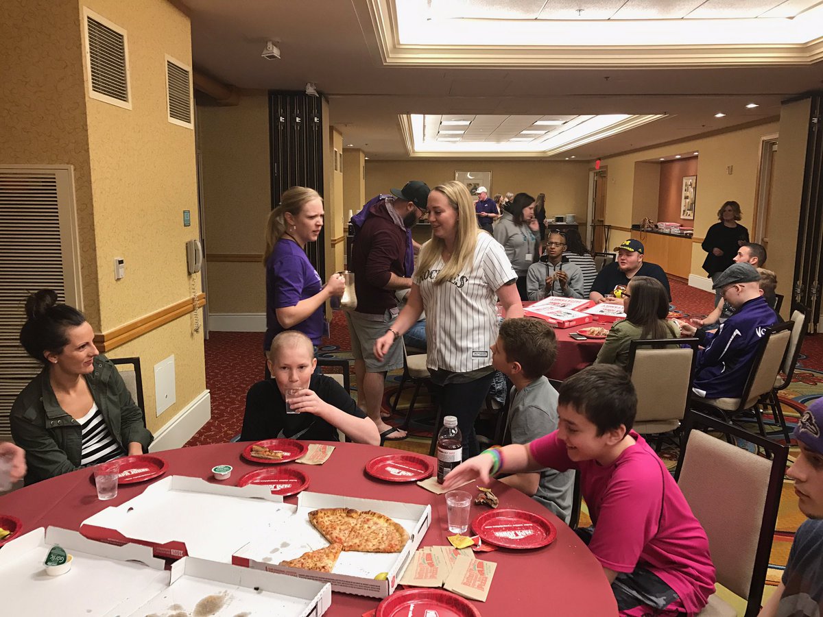Rockies's tweet photo. Jason and Caitlin Motte welcomed the kids from Children's Hospital Colorado to Scottsdale with a pizza party.

#ChildrensColoradoRox https://t.co/Em505JVVnj