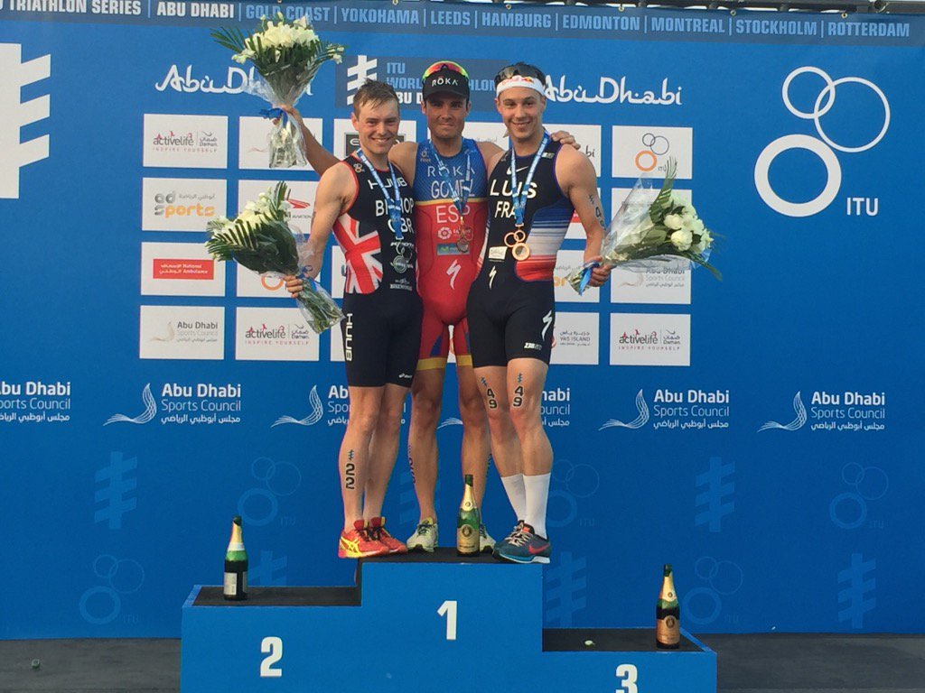 triathlonlive's tweet photo. Congrats to today's #WTSAbuDhabi podium! @Jgomeznoya @tom_bishop @vincentluistri https://t.co/k1cCIbPUVj