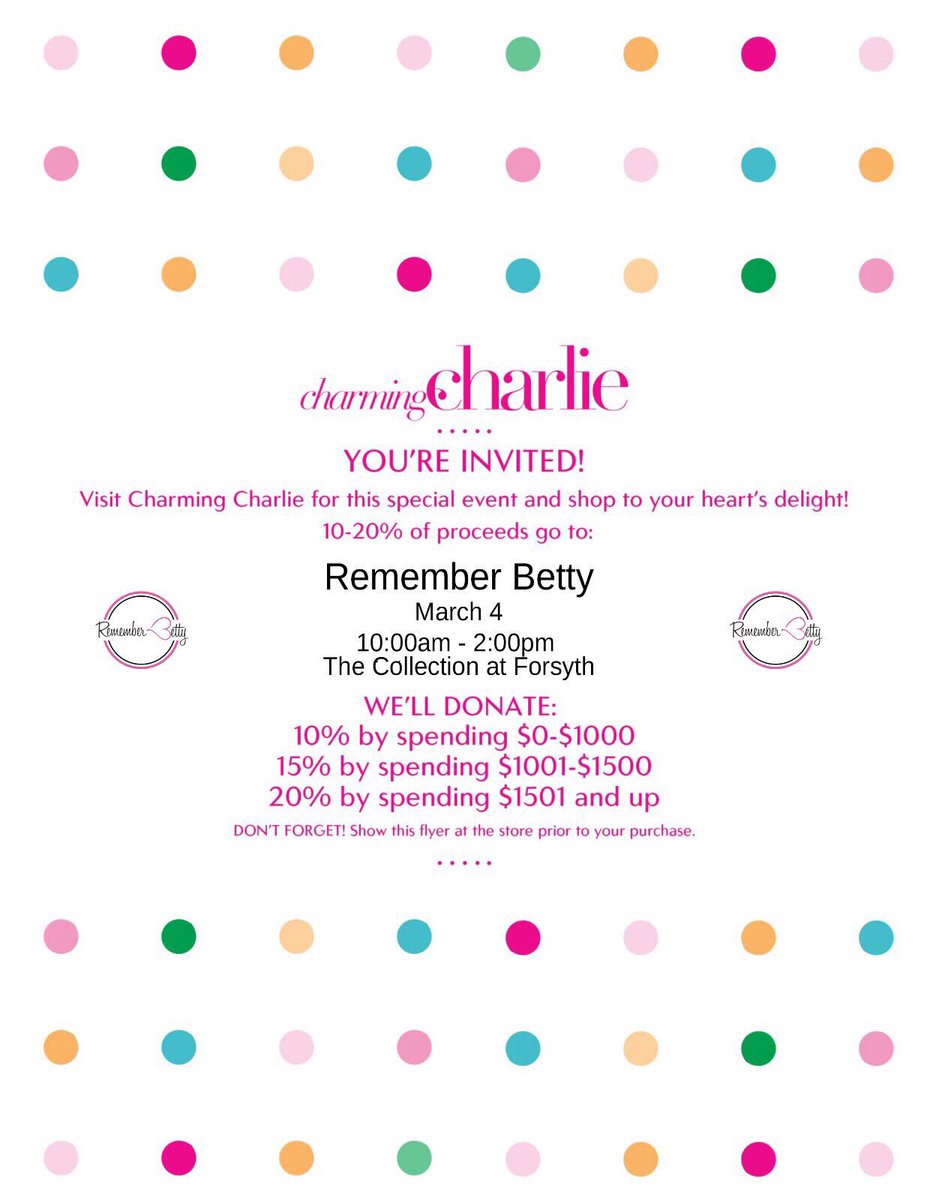 TeamBettyATL's tweet photo. Come out today and do some shopping at Charming Charlie at the Collection in Forsyth. A portion of your sale will go back to Remember Betty! https://t.co/hCNrFXjPNZ