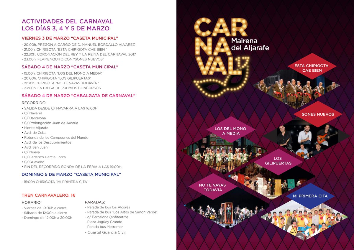 MairenaAljarafe's tweet photo. Recordamos que la cabalgata del #CarnavaldeMairena saldrá finalmente a las 17:30. Rogamos compartir ¡Gracias! https://t.co/PLGDcX4OO7