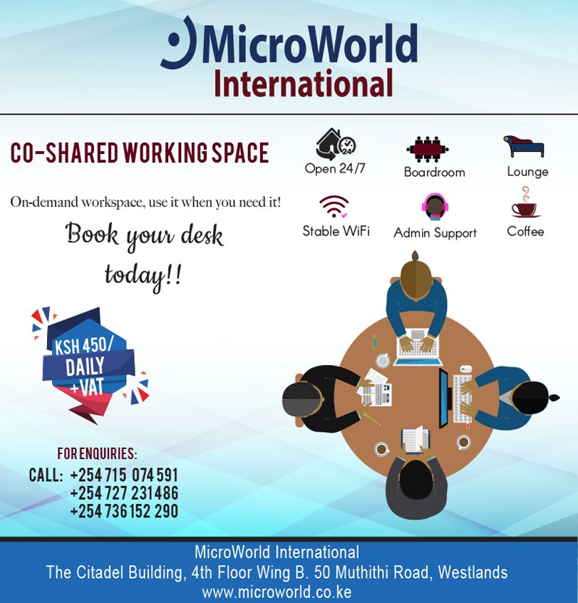 MicroWorldKe's tweet photo. We π startups. Best working space in Nairobi. Book your desk today @MicroWorldKe #coshared #office_space https://t.co/AmB9LK763s