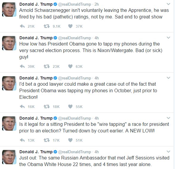 krassenstein's tweet photo. Does this seem like the sequence of tweets by a sane man who should have the nuclear codes? Trump Tower is crazy land. #Wiretapping https://t.co/jPSqFbF9IA