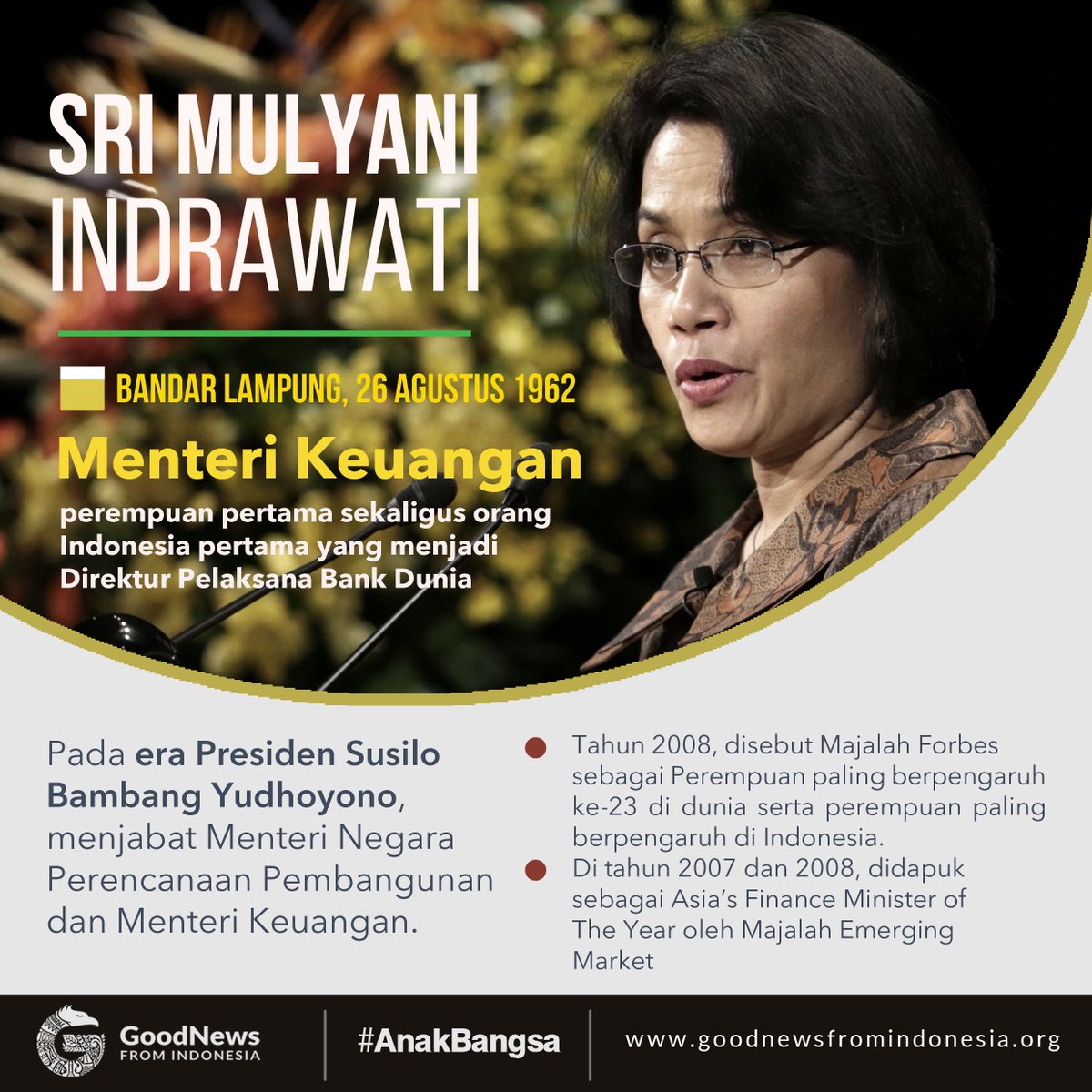 GNFI's tweet photo. [PROFIL] Sri Mulyani Indrawati, wanita sekaligus orang Indonesia pertama yg menjabat sebagai Direktur Pelaksana Bank Dunia. https://t.co/F6rStcyGMu