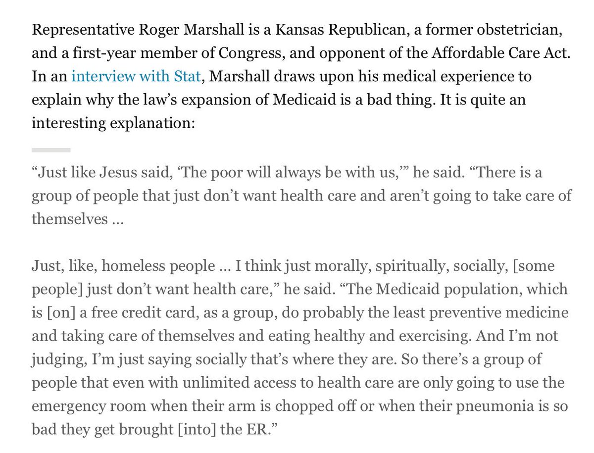 ASlavitt's tweet photo. Argument for #ACA repeal: health care wasted on poor people.

-Roger Marshall, R-Kansas

Here from @jonathanchait. https://t.co/iEZhuVz1Y1 https://t.co/6JwCaGzYPI
